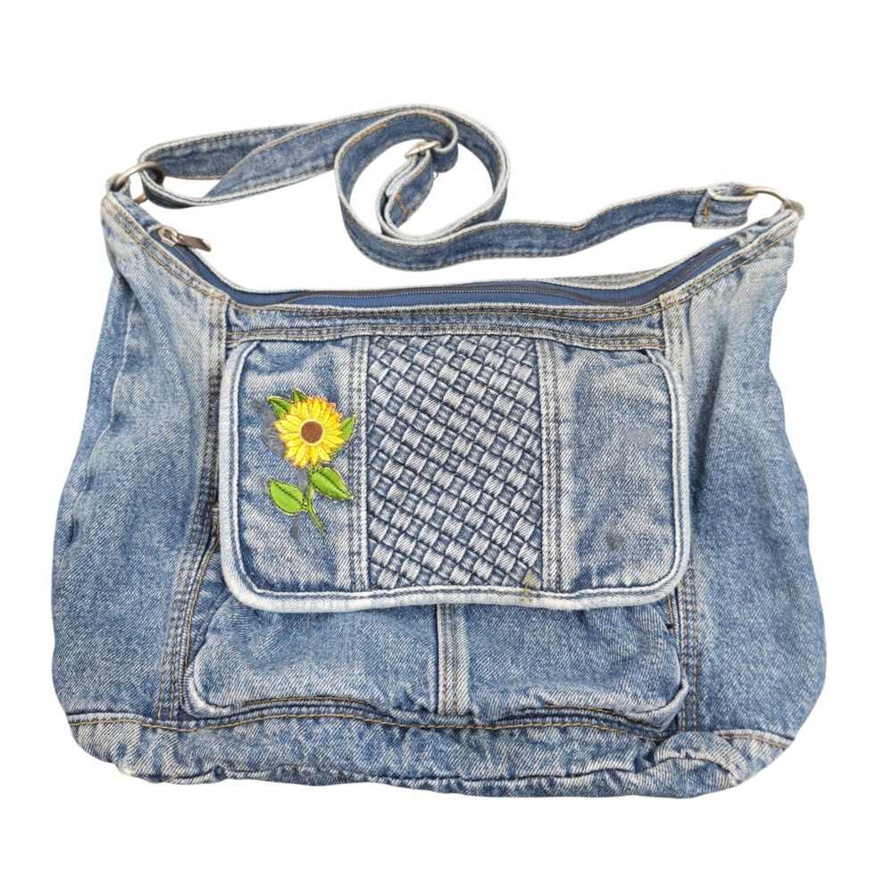 Vintage Blue Denim Sunflower Embroidered Crossbody Bag Woven Texture Messenger